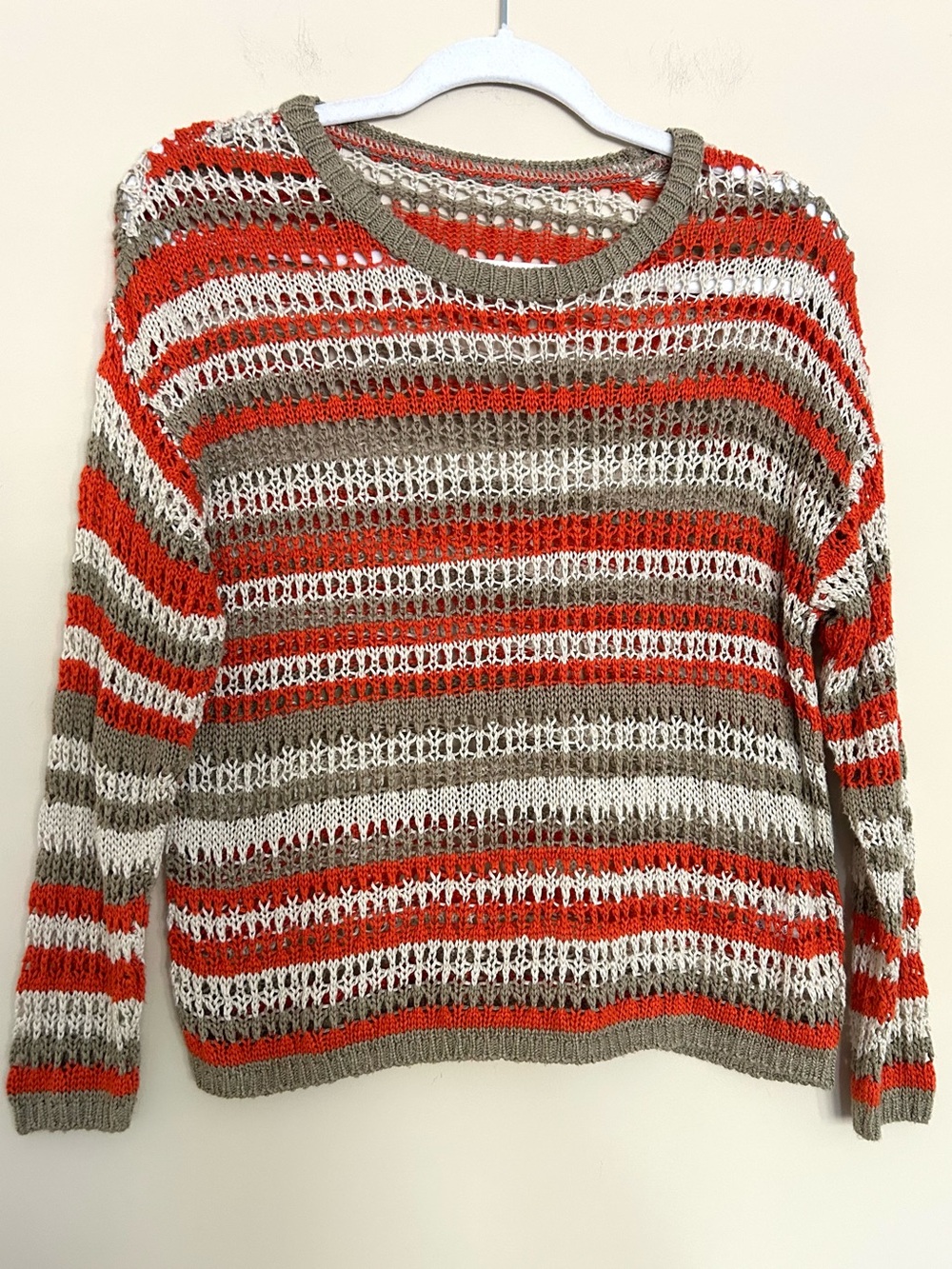 Peacock Women’s Knit Crochet Striped Crewneck Sweater in Orange, Taupe & Cream
